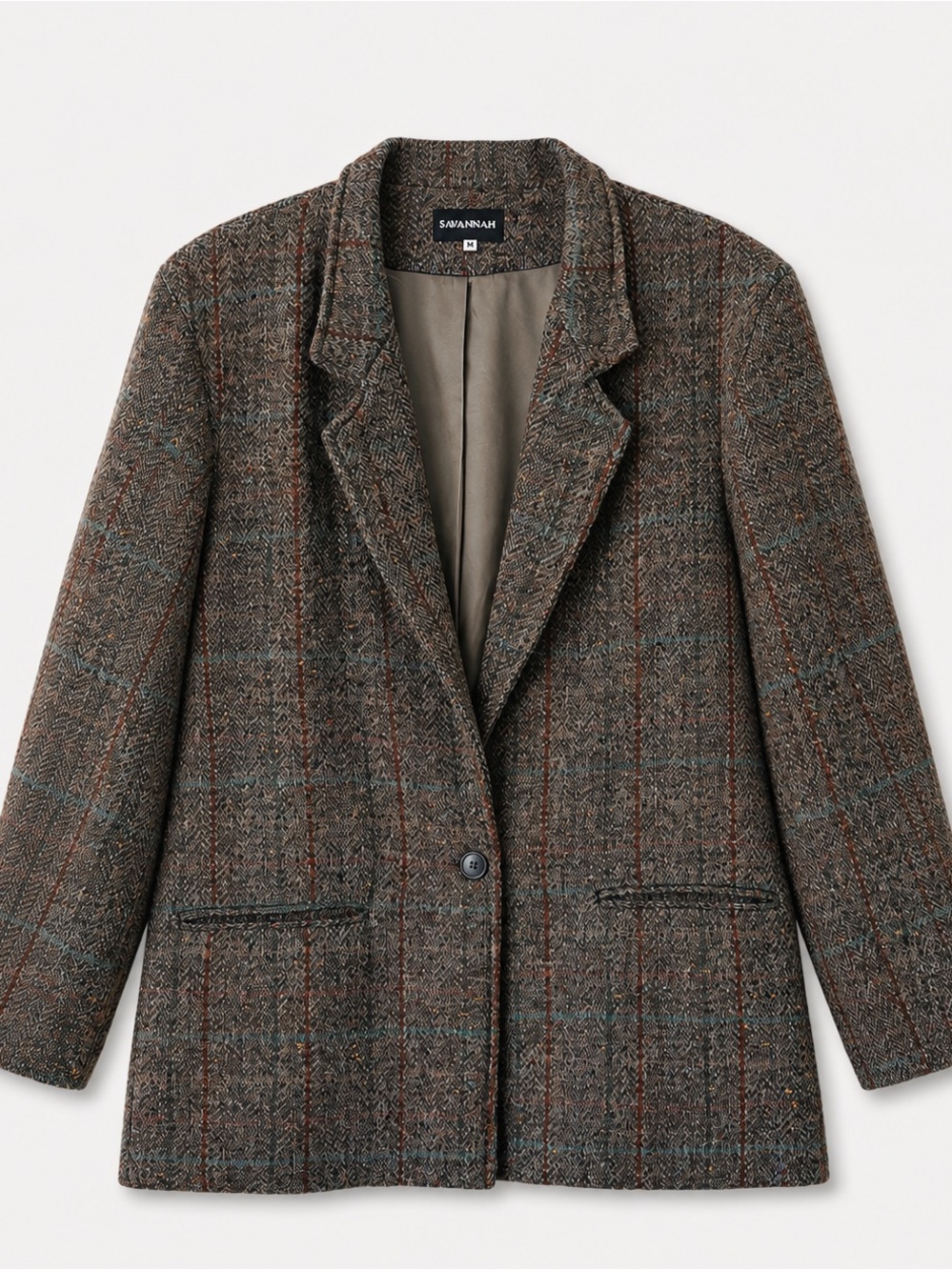 Vintage Savannah Women’s Plaid Tweed Wool Jacket Herringbone Power Blazer Dark A
